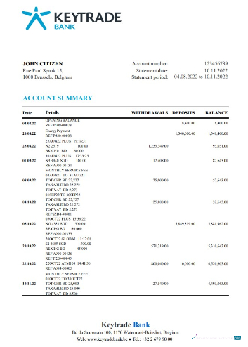 Download Belgium Keytrade Bank statement excel Photoshop template